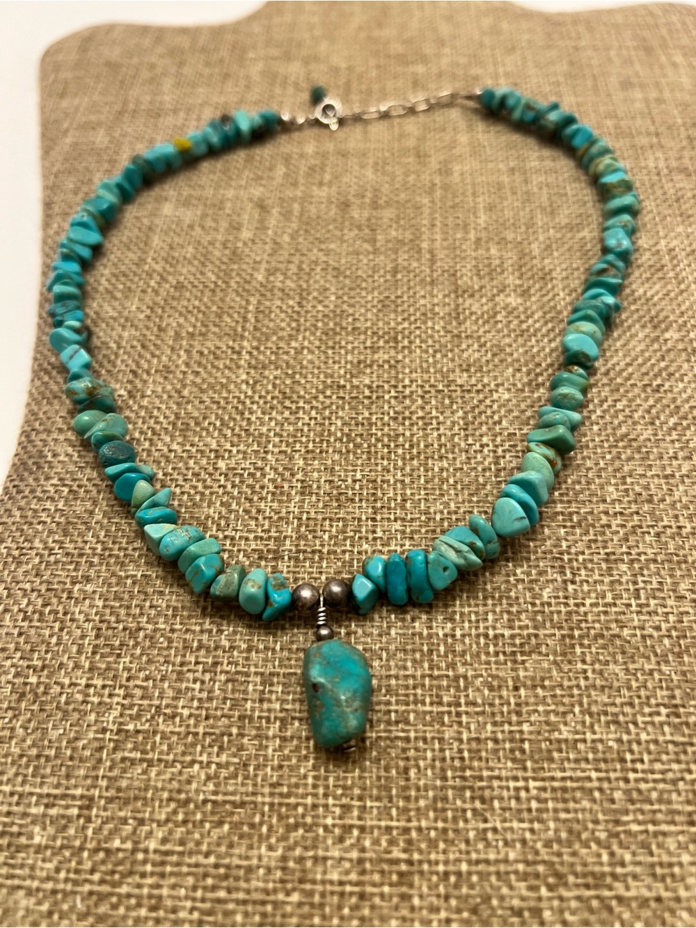 Turquoise Chip Necklace with Center Stone Pendant 925 silver